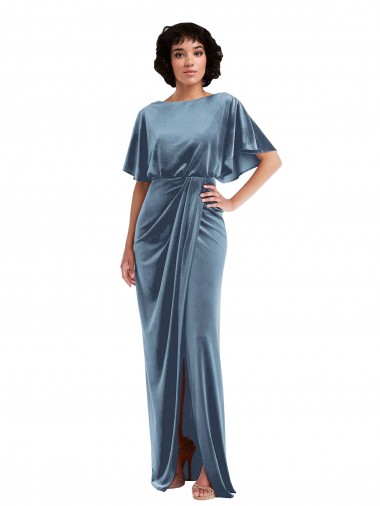 Long Flutter Sleeves Stretch Velvet Dusty Blue Sheath Semi Formal Evening Dress / Prom Dress / Bridesmaid Dress Colchester