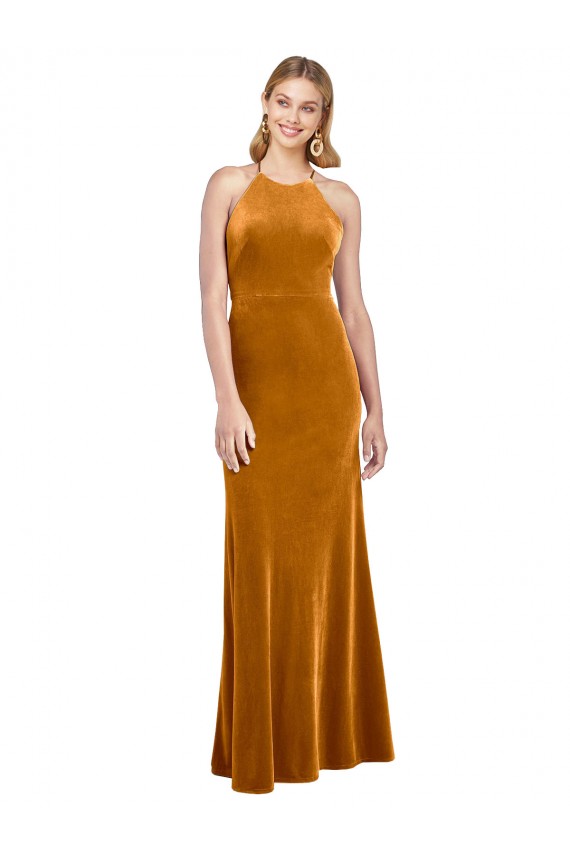 Long Sleeveless Stretch Velvet Gold A-Line Formal Evening Gown / Prom Dress / Bridesmaid Dress Colchester