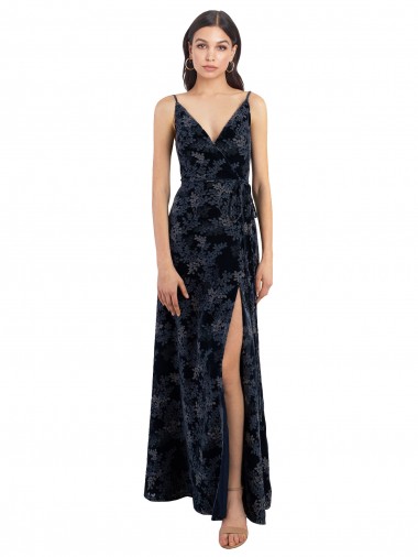 Long Sleeveless Floral Velvet & Stretch Velvet Dark Navy A-Line Bridesmaid Dress Colchester