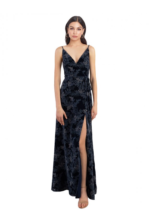 Long Sleeveless Floral Velvet & Stretch Velvet Dark Navy A-Line Bridesmaid Dress Colchester