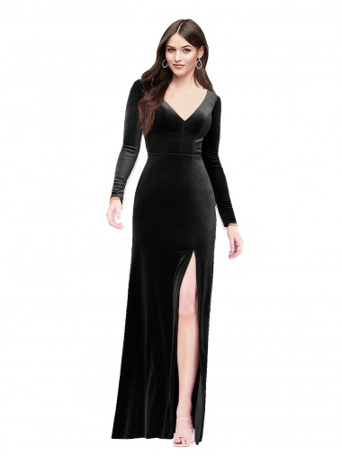 Long Long Sleeves Stretch Velvet Black Column Formal Evening Gown / Prom Dress / Bridesmaid Dress Colchester