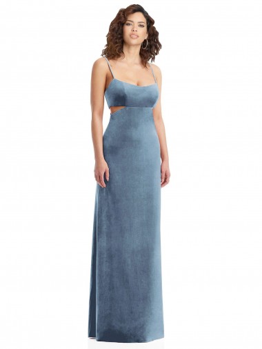 Long Sleeveless Stretch Velvet Dusty Blue Square Neck Sheath Formal Evening Gown / Prom Dress / Bridesmaid Dress Colchester