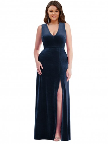 Long Sleeveless Stretch Velvet Dark Navy Sheath Formal Plus Size Evening Gown / Prom Dress / Bridesmaid Dress Colchester