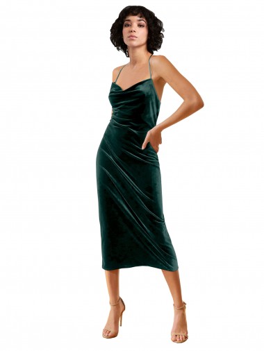 Midi Length Sleeveless Stretch Velvet Dark Green Sheath Formal Dress / Bridesmaid Dress Colchester