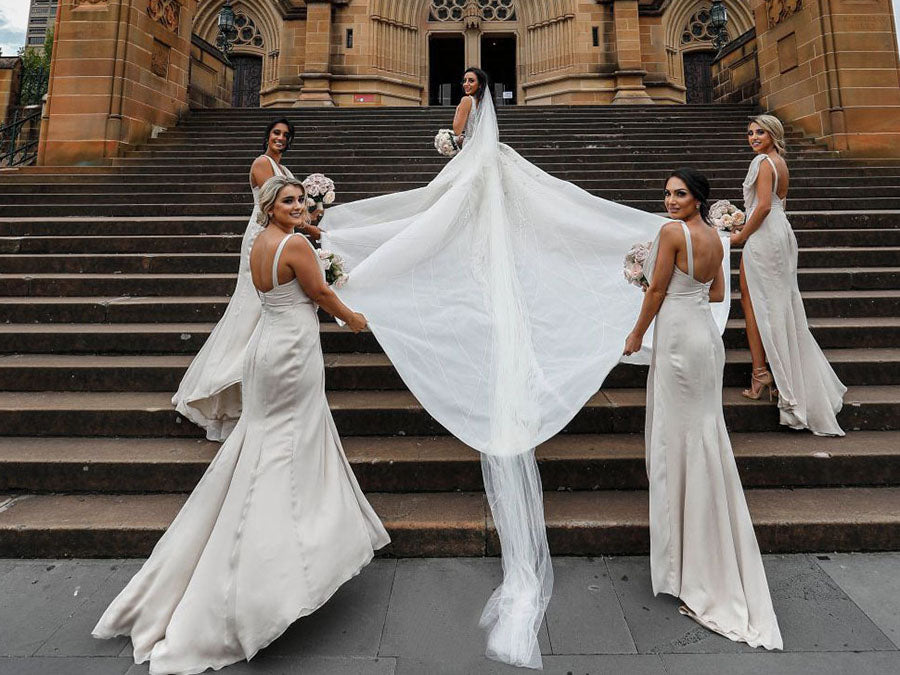 Full Length Luxe Chiffon Long Champagne bridesmaid dresses Colchester with Sexy High Slit and Front Ruffles